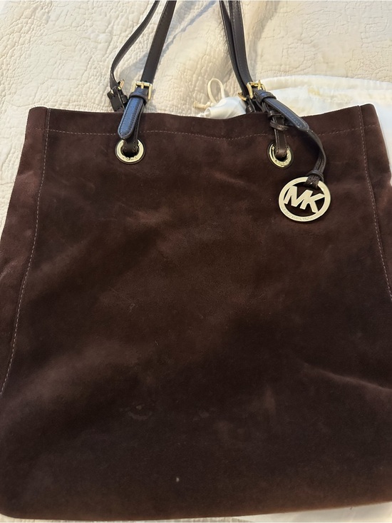 Michael Kors Handbags - Michael Kors Dark Brown Suede Tote with Gold MK Charm